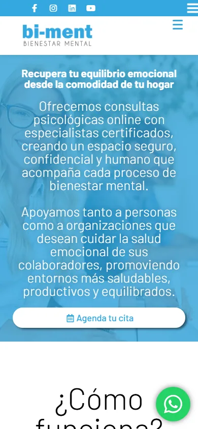 Sitio de Bi Ment en movil, pantalla 1