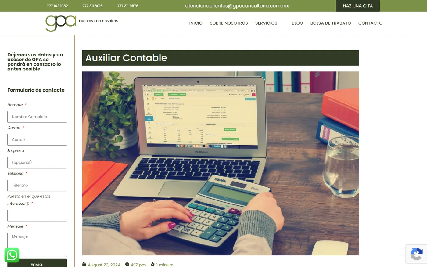 Sitio de GPA Consultoría en escritorio, pantalla 2