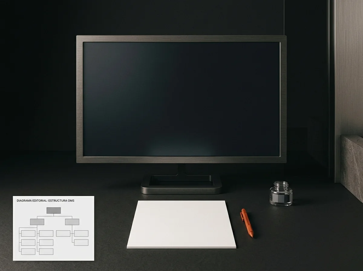 Monitor y diagrama de estructura editorial sobre un escritorio, proceso de automatización de One Man Studio