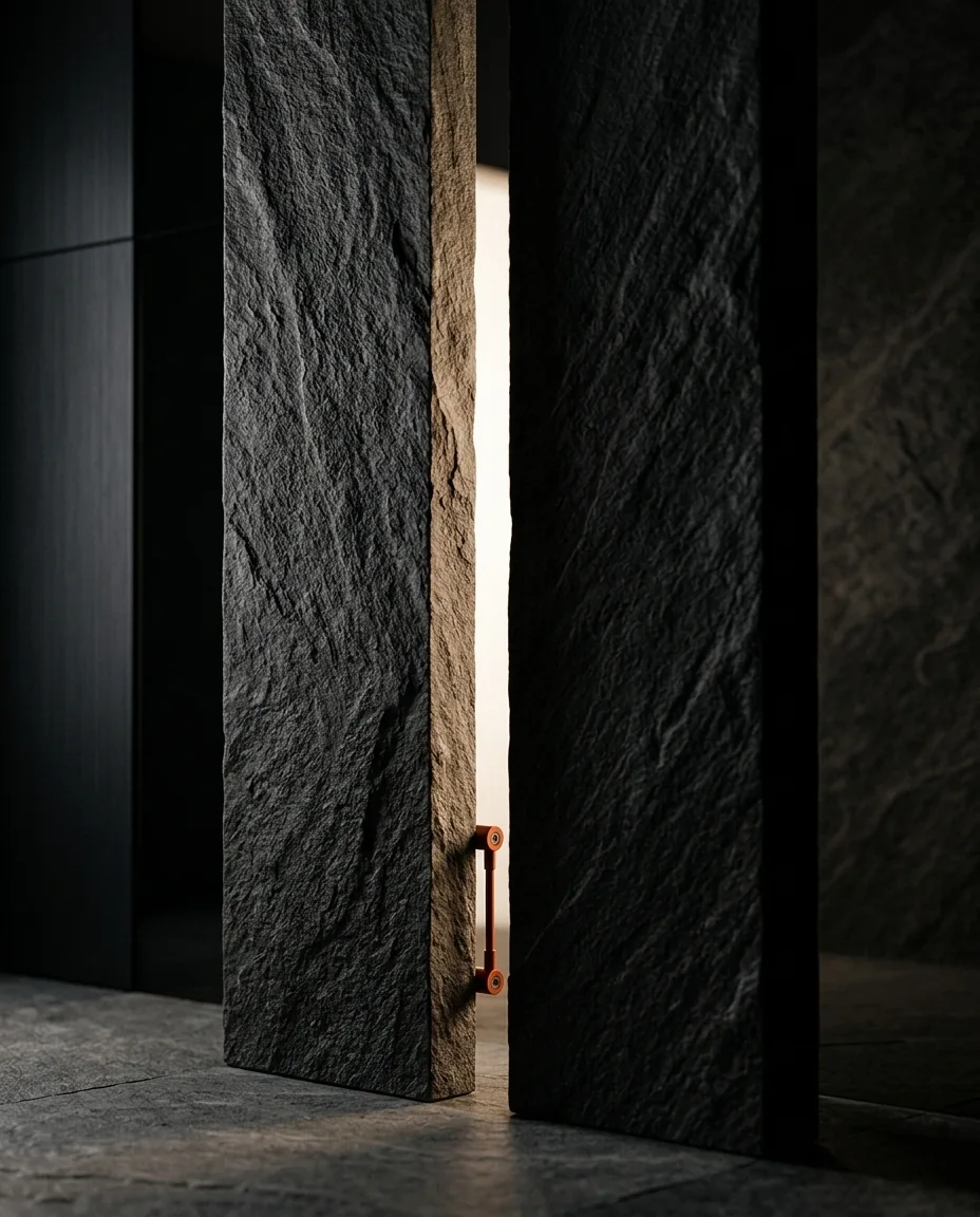 Monolitos de piedra oscura con una rendija de luz y una manija naranja, estética de redes sociales de One Man Studio