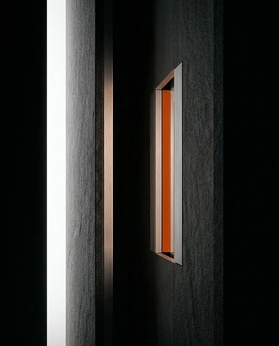 Piedra oscura con un nicho iluminado y un detalle naranja, estética de SEO de One Man Studio