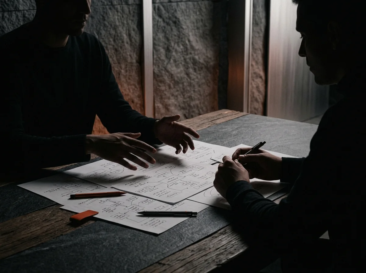 Equipo de One Man Studio planeando la estrategia de un proyecto sobre diagramas de flujo